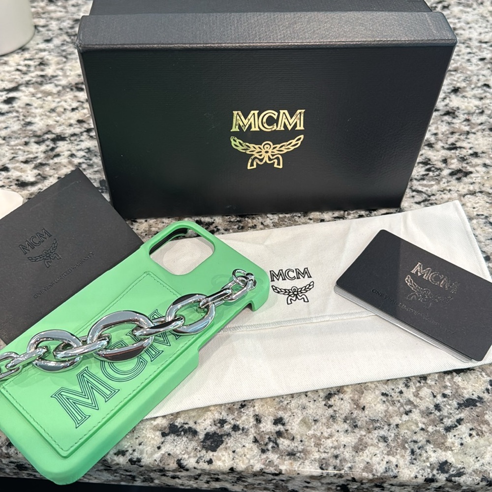 MCM Green Phone Case with Silver Chain